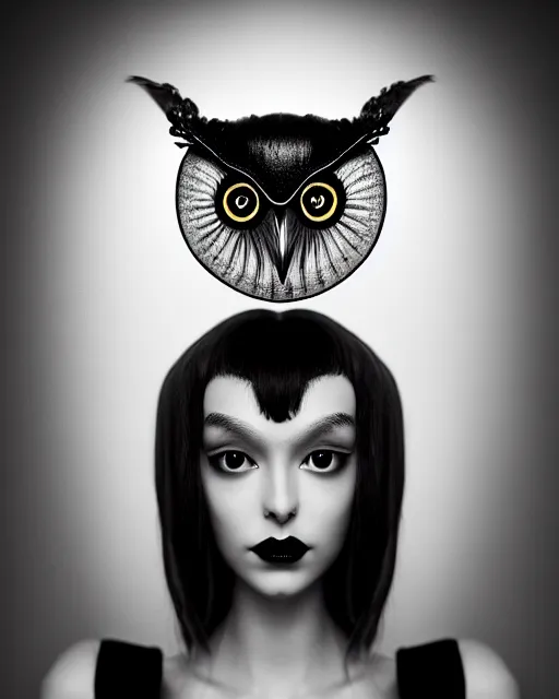 Image similar to surreal mythical dreamy dark artistic black and white fine art 3 / 4 fashion portrait photo of a young beautiful delicate female robot with realistic orchid - owl face, rim light, cinematic, studio dramatic light, poetic, masterpiece, octane render, 8 k, photo - realistic by hg giger and man ray