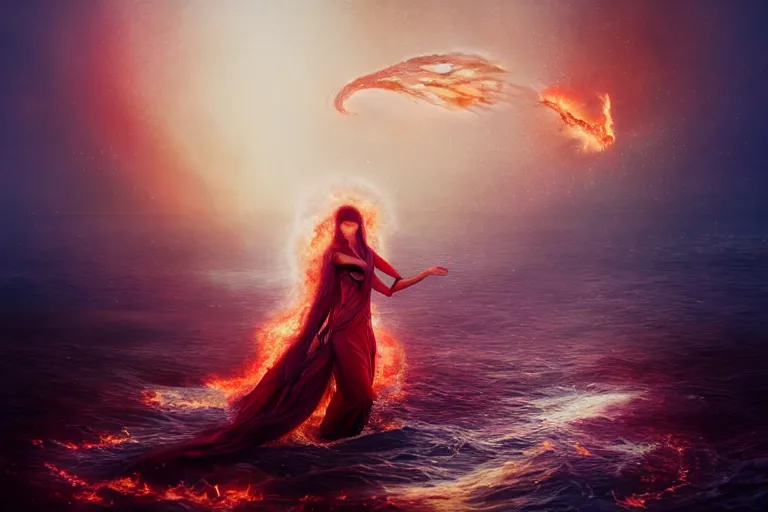 Prompt: Ocean catching fire with emerging fallen angel crying tears of blood, magical, transcendental, concept art, art nouveau, inspired by Reylia Slaby, Peter Gric, Merriam Daniel, intricate, ornate, trending on artstation, volumetric lighting, CGsociety