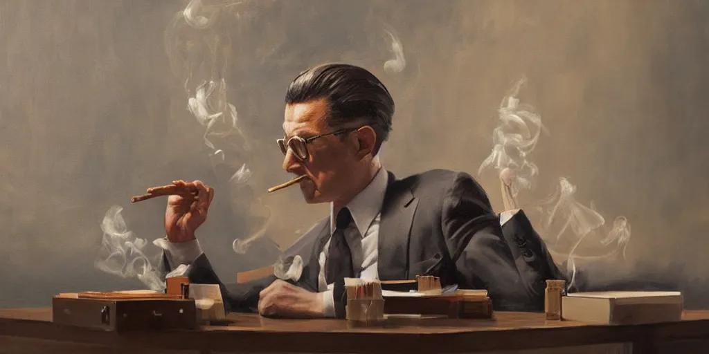 Image similar to abstract oil matte portrait painting, mafia boss smoking a cigar at his 5 0 s new york office desk, wonderful masterpiece highly detailed, beautiful cinematic light deep focus, elegant, digital painting, smooth, sharp focus, golden ratio, dramatic illumination, ultra realistic, 8 k, art by jimmy law