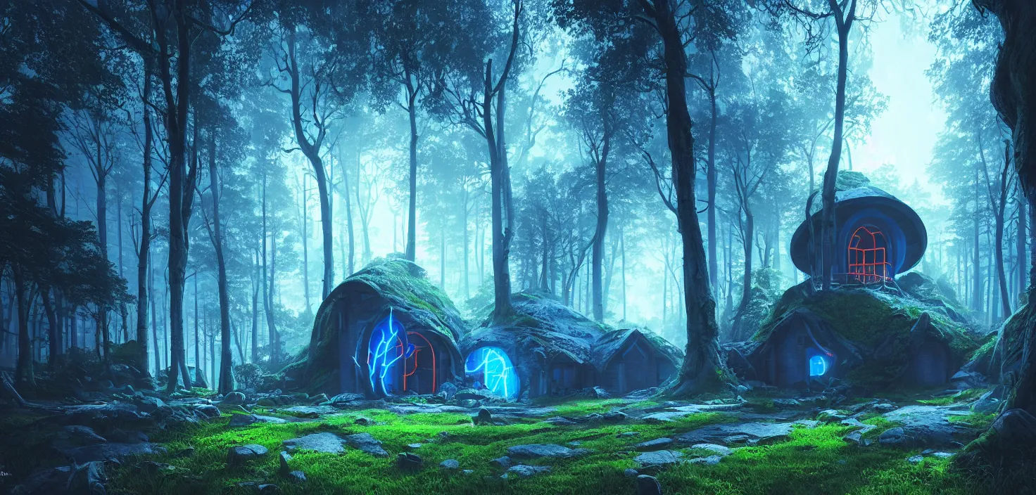 Image similar to random scary forest house landscape, round glowing blue neon portal door, incredible, vector art, octane render, fabulous, hyper detailed, random cinematic view, no noise, global illumination, warm lighting, volumetric, godrays, vivid, beautiful, by jordan grimmer