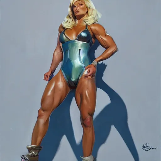 Prompt: greg manchess portrait of margot robbie as very happy thick female bodybuilder zarya from overwatch in disco elysium, epic grimdark, fantasy, medium shot, asymmetrical, profile picture, organic painting, sunny day, matte painting, bold shapes, hard edges, street art, trending on artstation, by huang guangjian and gil elvgren and sachin teng