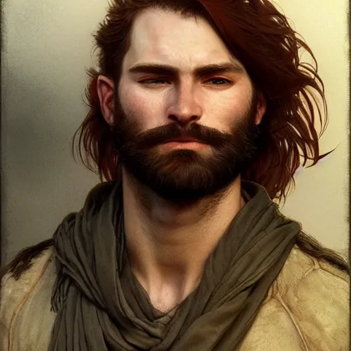 Image similar to portrait of a rugged ranger, 25 years old, beard, male, masculine, upper body, red hair, long hair, soft hair, D&D, fantasy, intricate, elegant, highly detailed, digital painting, artstation, concept art, matte, sharp focus, illustration, art by Artgerm and Greg Rutkowski and Alphonse Mucha