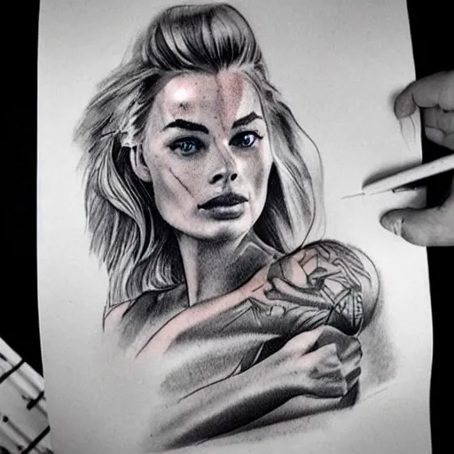 Image similar to tattoo design sketch of double exposure effect on margot robbie face and beautiful mountains, in the style of matteo pasqualin, amazing detail