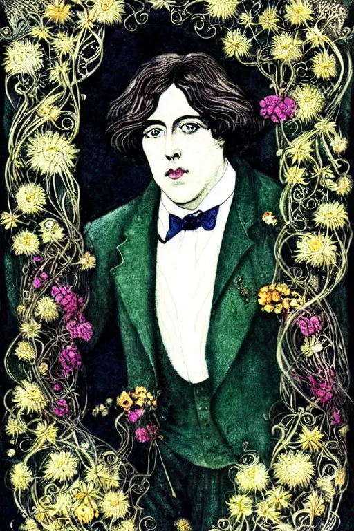 Image similar to realistic portrait of oscar wilde in the center of an ornate frame of dark flowers, detailed art by kay nielsen and walter crane, illustration style, watercolor