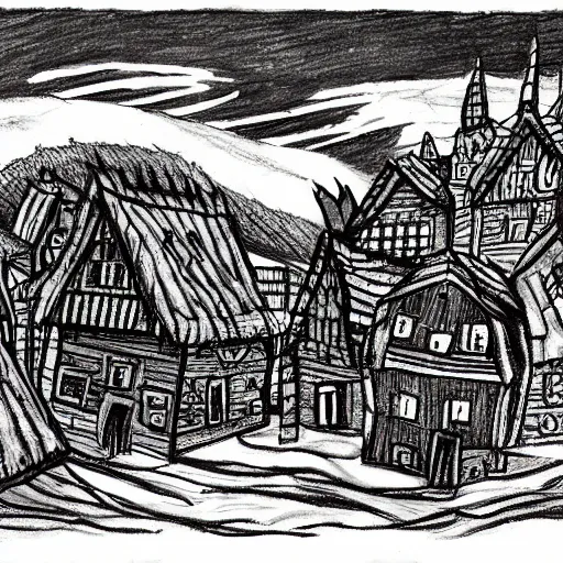 Image similar to Drawing of a creepy Transylvania village during an eerie night, by Wes Benscoter, horror, old village, Transylvania, night