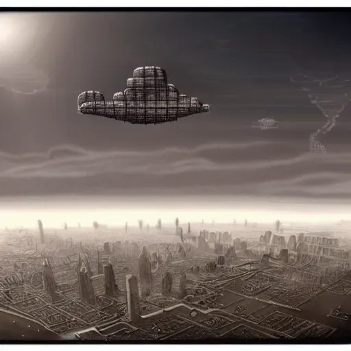 Image similar to a flying city in a blimp in the sky over the clouds, in the bottom there a lot of fog, steampunk