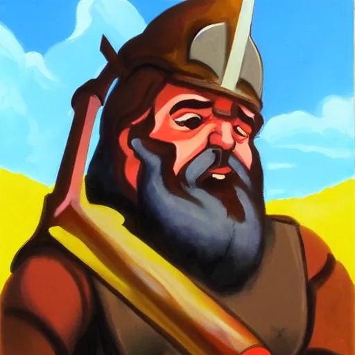 Image similar to portrait painting of a fantasy dwarf fighter with a huge iron axe, medium shot, asymmetrical, profile picture, organic painting, sunny day, bold shapes, hard edges, by ralph bakshi