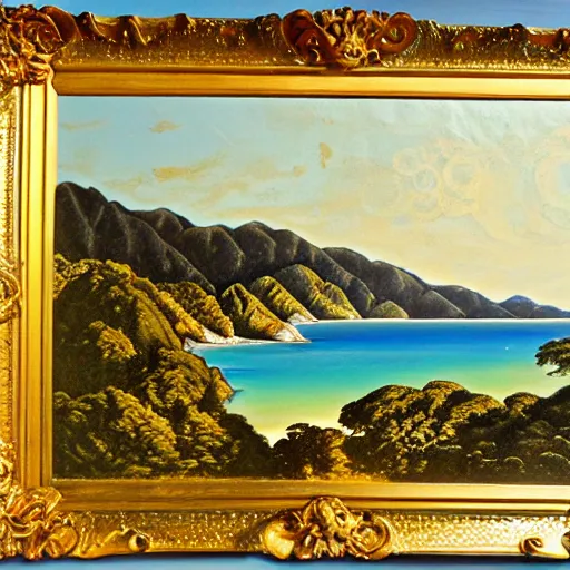 Image similar to golden bay abel tasman new zealand, rococo art style, highly detailed