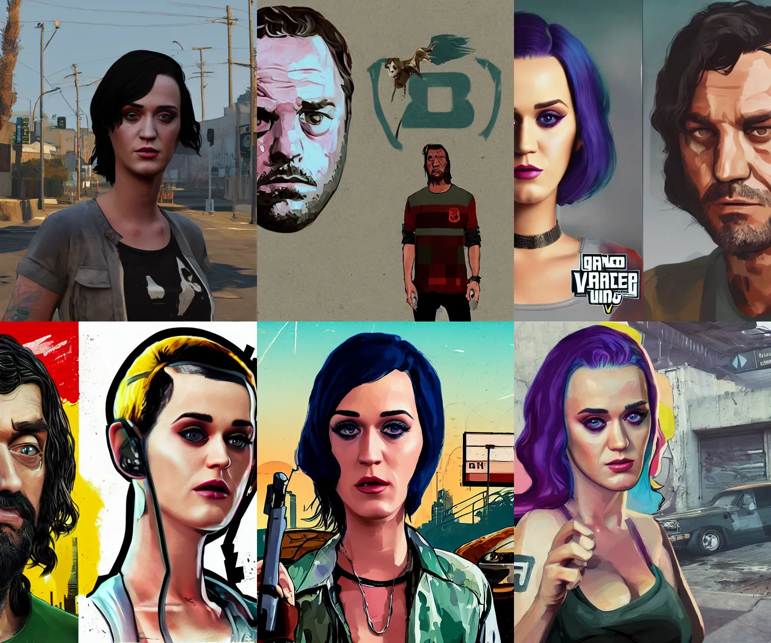 Prompt: game logo homeless katy perry portrait, ismail inceoglu, stephen bliss, in gta v