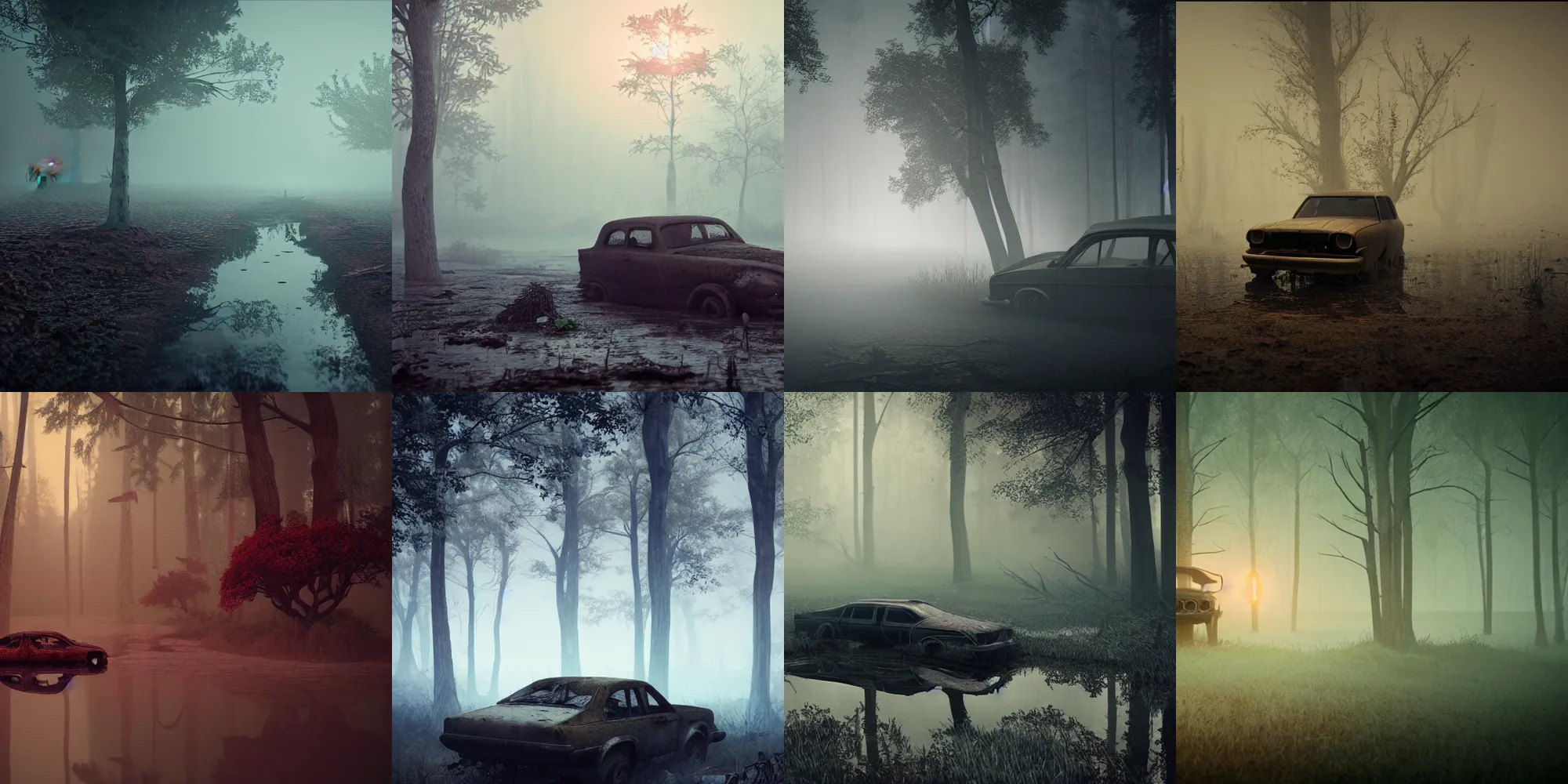 Image similar to beautiful dark creepy foggy swamp landscape, old abandoned car sinking, in the style of beeple and Mike Winkelmann, intricate, epic lighting, cinematic composition, hyper realistic, 8k resolution, unreal engine 5,