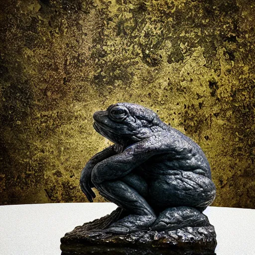 Prompt: toad philosopher The Thinker, swamp, sculpture by Auguste Rodin, hyperrealism, symmetric, by Irving Penn, bokeh top cinematic lighting , cinematic mood, very detailed, shot in canon