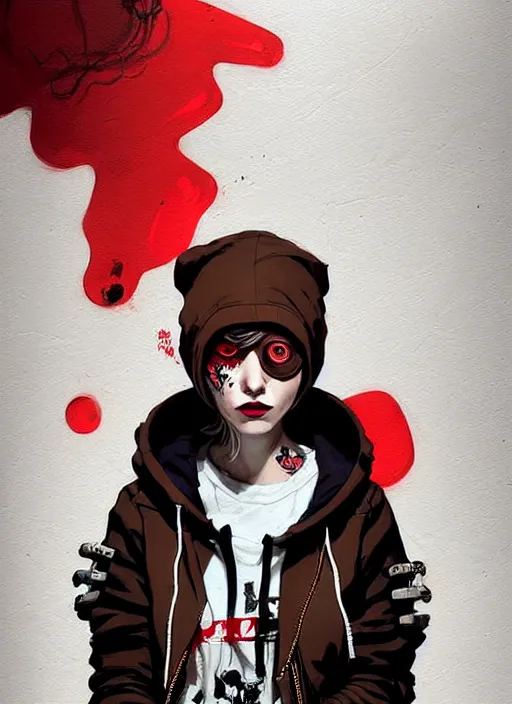 Image similar to highly detailed portrait of a sewer punk canadian lady, tartan hoody, white hair by atey ghailan, by greg rutkowski, by greg tocchini, by james gilleard, by joe fenton, by kaethe butcher, gradient red, brown, blonde cream and white color scheme, grunge aesthetic!!! ( ( graffiti tag wall background ) )