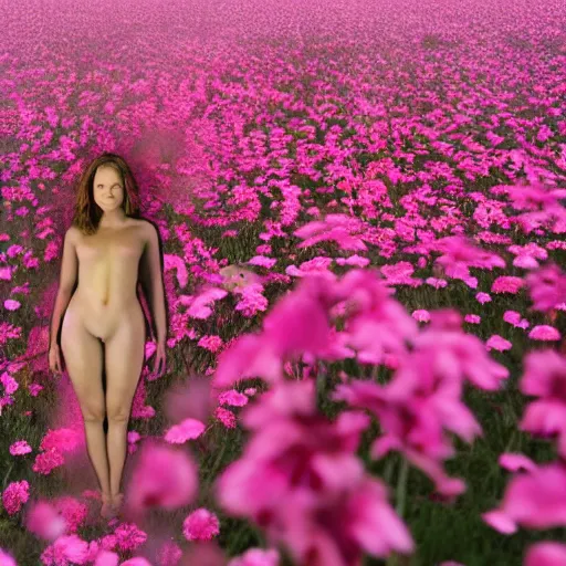 Image similar to realistic photo human body made of pink wild flowers