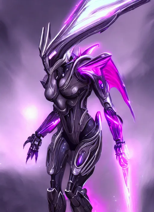 Image similar to cinematic goddess close shot, galactic sized proportional stunning beautiful hot female warframe, sleek mecha female dragon head, metal ears, led purple eyes, smooth fuschia skin, smooth silver armor, floating in space, holding a galaxy, epic proportions, epic size, epic scale, furry art, dragon art, giantess art, warframe fanart, furaffinity, octane