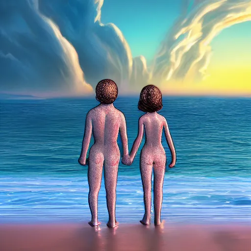 Image similar to a male and a female angels holding hands, seen from the back on a beach made of shiny crystals, at sunset, highly detailed digital art, trending on artstation