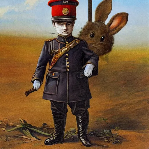 Prompt: a painting of a rabbit wearing a russian world war 1 uniform, standing at the edge of a muddy trench