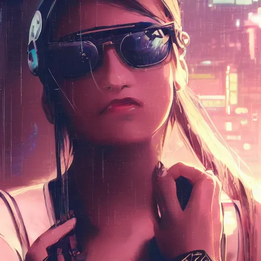 Image similar to a film still of a cyberpunk girl with a smirk, finely detailed features, aviators, closeup at the faces, dramatic cinematic, at cyberpunk city, gapmoe yandere grimdark, trending on pixiv fanbox, painted by greg rutkowski makoto shinkai takashi takeuchi craig mullins, alphonse mucha, studio ghibli, pixiv