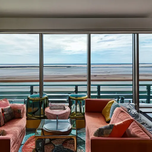 Prompt: Extremely detailed wide angle photograph, atmospheric, beachfront view, large open windows, reflections, award winning contemporary modern interior design city apartment, living room, cozy and calm, fabrics and textiles, colorful accents, brass and copper, many light sources, lamps, oiled hardwood floors, book shelves, couch, desk, plants