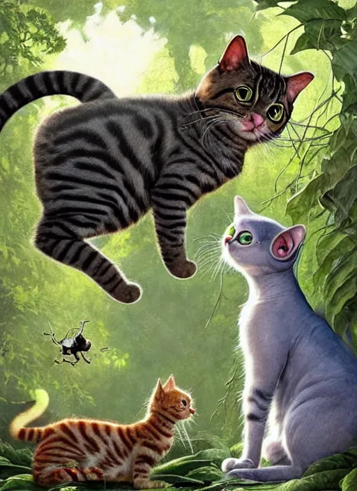 Image similar to a hyper realistic cat meeting an alien. and sunbeams blue sky, lush forest foliage painting by chiara bautista and norman rockwell and greg rutkowski weta studio, and lucasfilm