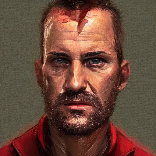 Prompt: Portrait of a man by Greg Rutkowski, he is about 40 years old, copper short hair, his features are a mix between Scottish and Arabian, strong and tall, cool dad vibes, he is wearing utilitarian red and black jumpsuit, highly detailed portrait, digital painting, artstation, concept art, smooth, sharp foccus ilustration, Artstation HQ.