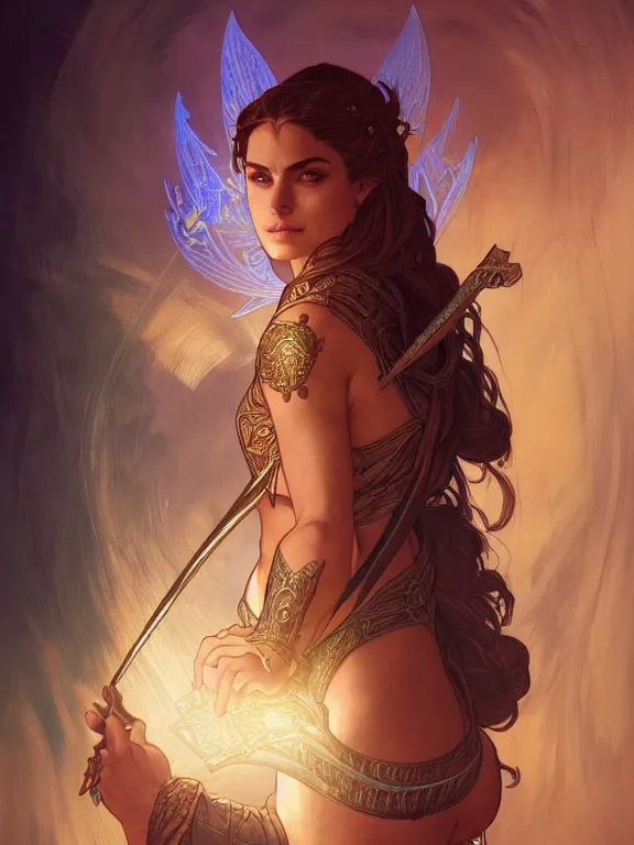 Image similar to symmetry!! intense fanart of a rebeca as a mage warrior as acotar protagonist, magic background, intricate, elegant, highly detailed, my rendition, digital painting, artstation, concept art, smooth, sharp focus, illustration, art by artgerm and greg rutkowski and alphonse mucha