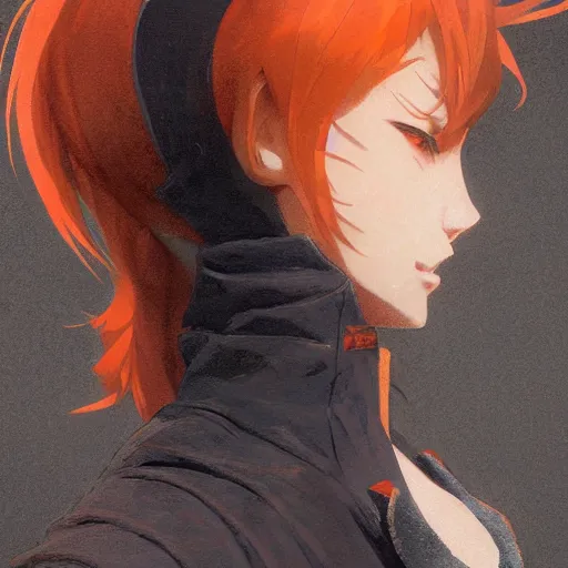 Image similar to Anime Character close up, Orange Gradient Hair, black and orange coat, orange pupils, backroom background, art by Stanley Artgerm Lau , greg rutkowski, thomas kindkade, alphonse mucha, loish, norman rockwell