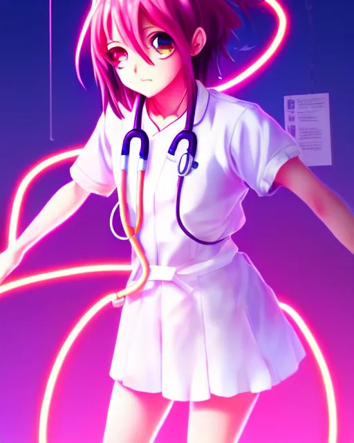 Prompt: anime style, vivid, expressive, full body, 4 k, painting, a cute magical girl with a long wavy hair wearing a nurse outfit, correct proportions, stunning, realistic light and shadow effects, neon lights, centered, simple background, studio ghibly makoto shinkai yuji yamaguchi