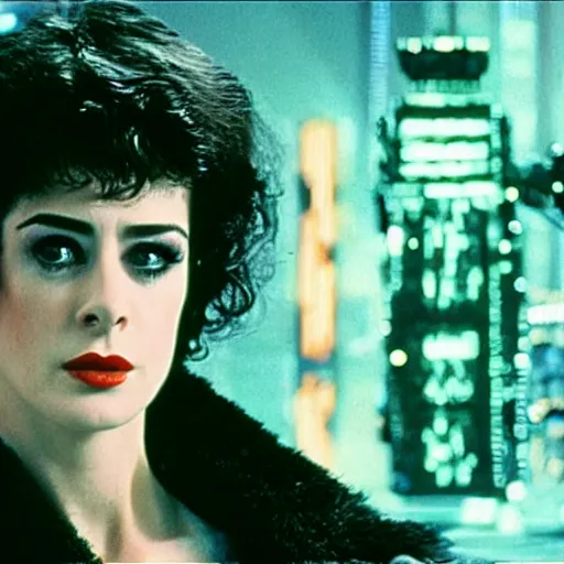 Prompt: photo of Sean Young dressed like Deckard in Blade Runner, aiming a sci-fi blaster, realistic.