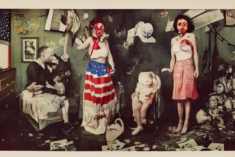 Prompt: full color american nightmare, joel peter witkin photo of 1 9 5 0 s suburban family, capitalist propaganda meets body horror, patriotic nihilism, annie liebovitz, bosch, disney, minimalism, despair