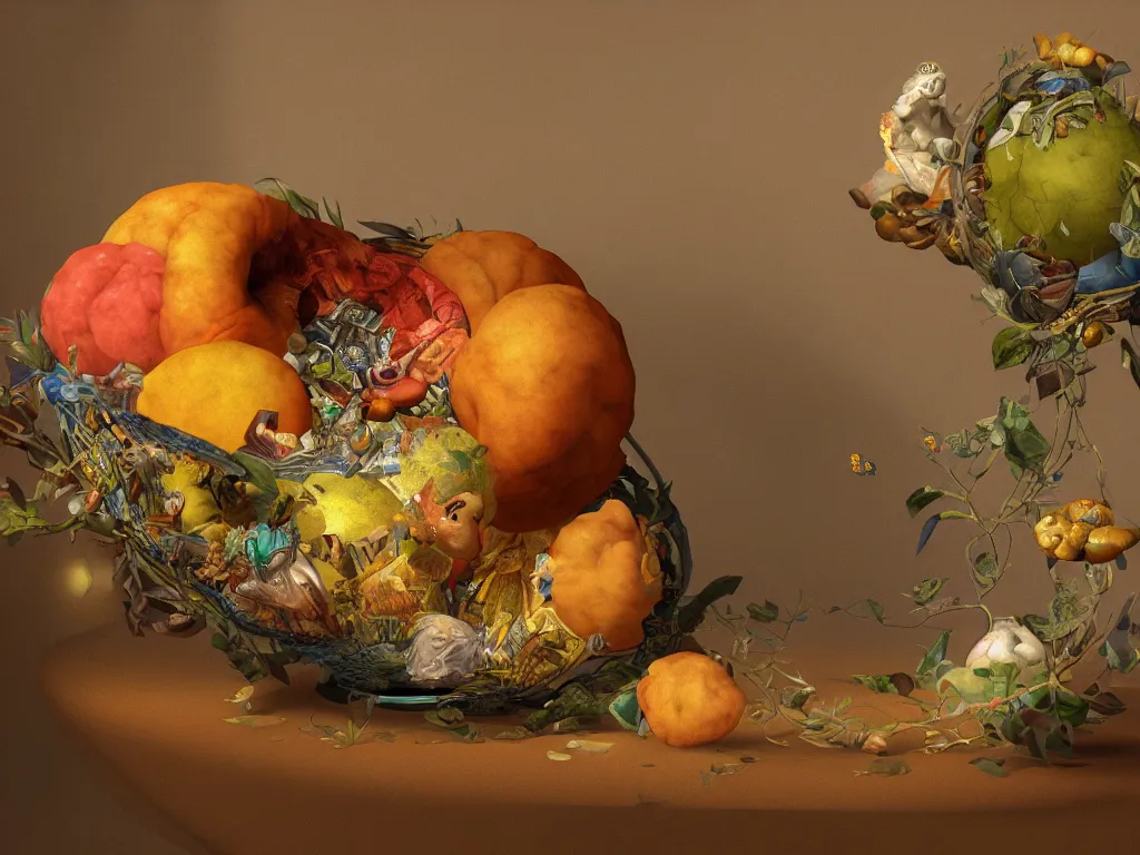 Image similar to 3 d render, sunlight study, the universe is a spheroid region 7 0 5 meters in diameter, art nouveau, by cornelis de heem and ( ( ( ( ( lisa frank ) ) ) ) ), 8 k, sharp focus, octane render