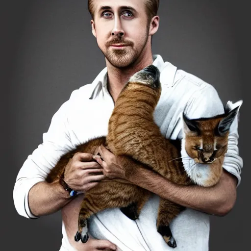 Prompt: Ryan Gosling holds a caracal cat in his hands, ultra highly detailed, smooth, sharp focus, elegant, artstation