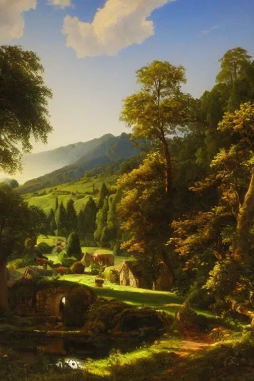 Prompt: asher brown durand oil painting on canvas of tolkien's the shire hobbiton