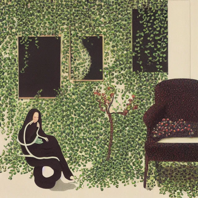 Image similar to a pathology student in her apartment, wrapped in vines, stepping stones, octopus, berries, black walls, ikebana, black armchair, sculpture, moss, acrylic on canvas, surrealist, by magritte and monet