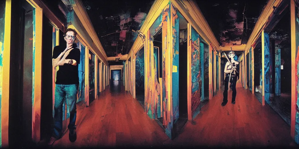 Image similar to award winning photo of JOHN ZORN DMT TRIP ENTERING A BUILDING, vivid colors, happy, symmetrical face, beautiful eyes, studio lighting, wide shot art by Sally Mann & Arnold Newman