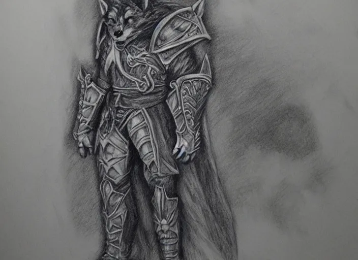 Image similar to a pencil drawing of a wolf, full body, D&D, armor, made by by Pen Tacula