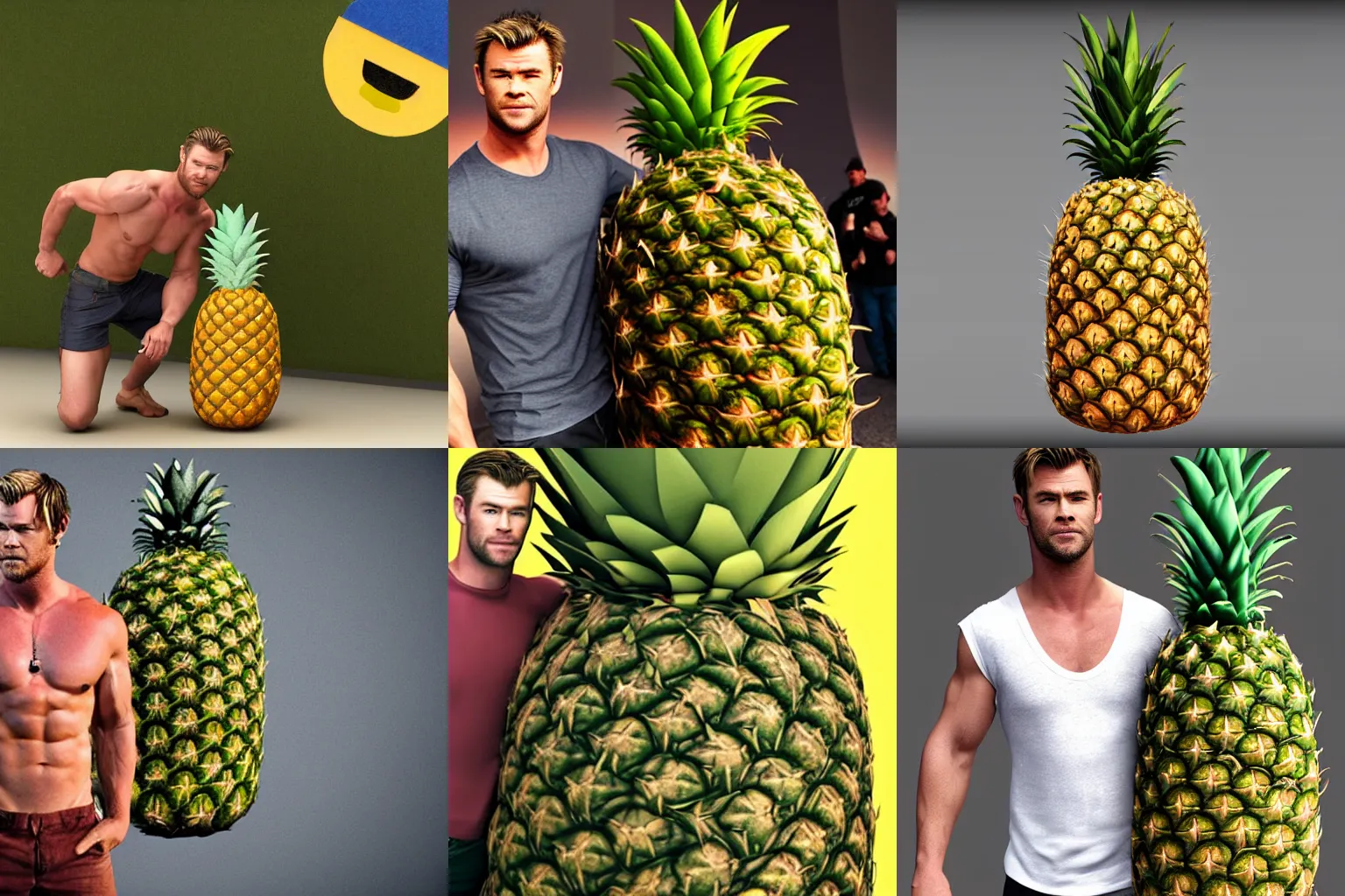 Prompt: chris hemsworth with the body of giant pineapple. 3 d rendered.