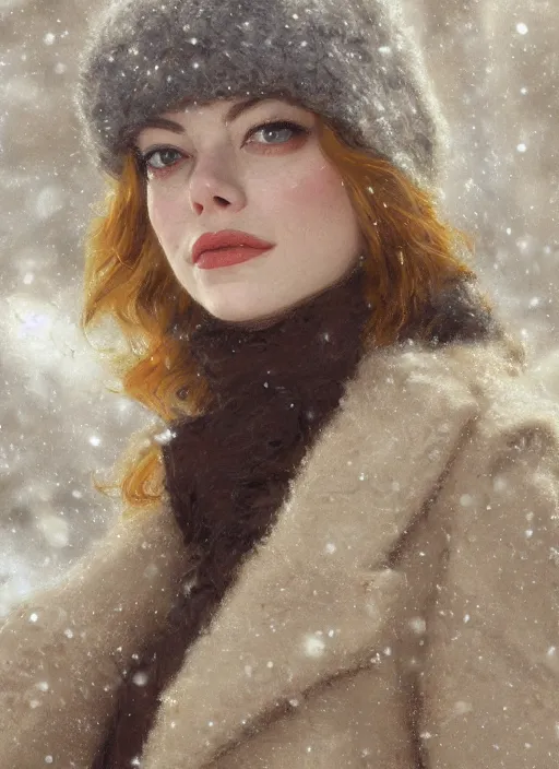 Image similar to emma stone in beige coat, close up portrait, winter new york, snow, artwork by gaston bussiere, craig mullins, trending on artstation