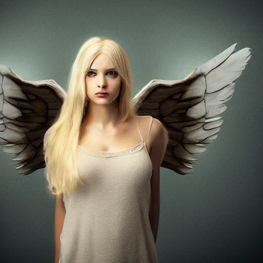 Image similar to very pretty blond female angel with wings, shallow depth of field, moody lighting, 8 k, concept art, wide angle,