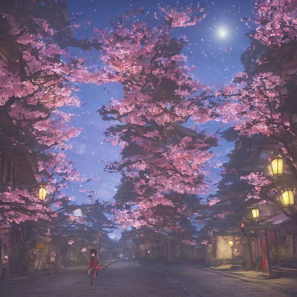 Image similar to Japanese street at night, cherry blossom petals, highly detailed, 3D render, digital art, artstation, 8K photography, matte photo-realistic, vivid colors, moody cool temperature, by Hayao Ghibli Miyazaki, breath of the wild style