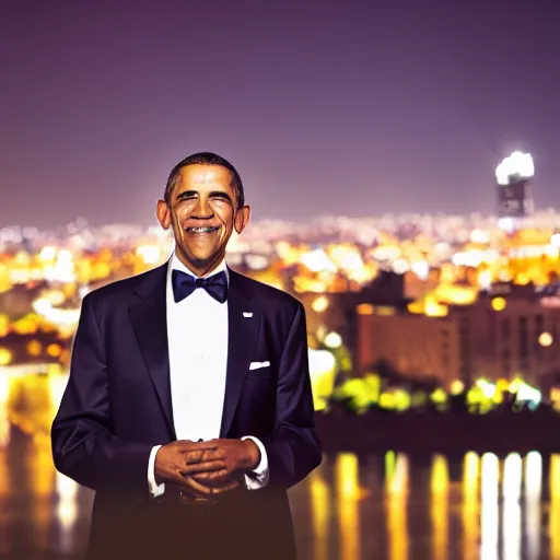 Image similar to a still of Barak Obama. Shallow depth of field. City at night in background, lights, colors ,studio lighting, mood, 4K. Profession photography