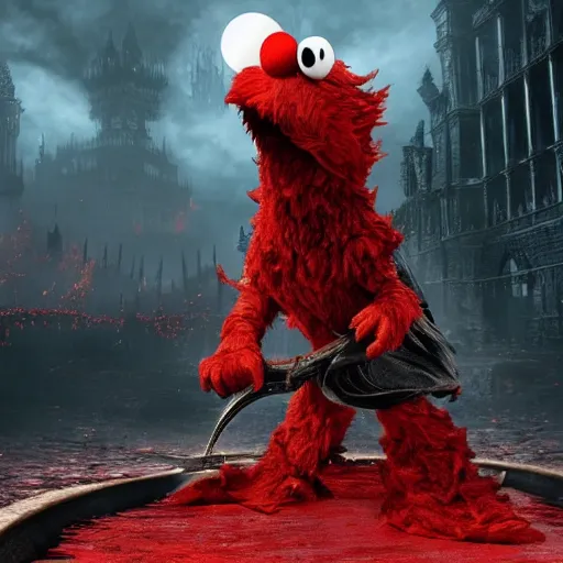 Image similar to Elmo as a Bloodborne boss