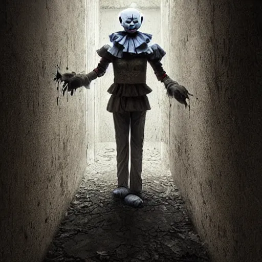 Prompt: michal karcz painting of pennywise standing in a liminal hallway. , horror theme, detailed, elegant, intricate, 4k,