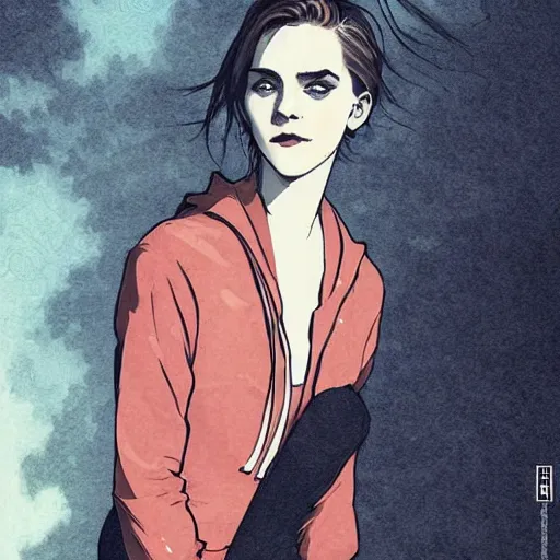 Image similar to fashion model emma watson wearing hoodie digital art by Hokusai by greg rutkowski by wlop high detail comic sharp vector lineart dramtic lighting artstation by trevor henderson by rossd raws cinematic dramatic