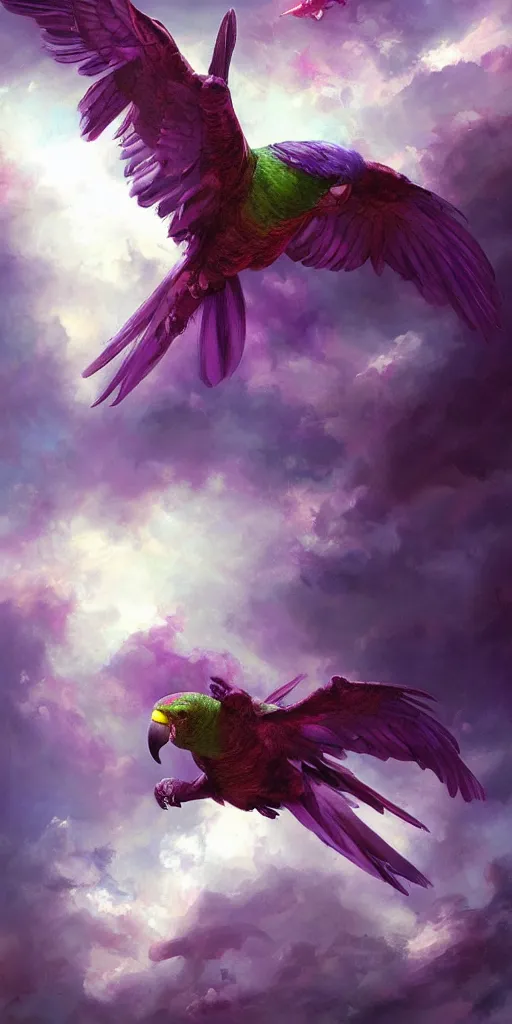 Prompt: a painting of one purple parrot flying through the sky, poster art by raymond swanland, deviantart, fantasy art, christian, deviantart, mystical