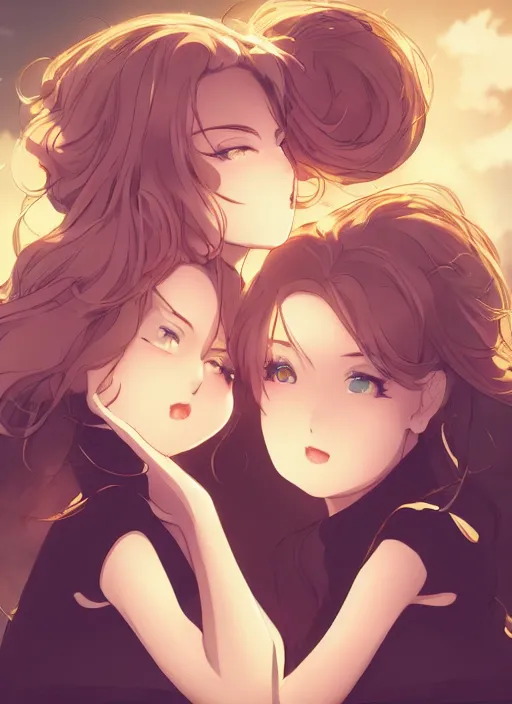 Prompt: two beautiful mothers sitting on a hot summer evening, gorgeous faces, thick lines, cinematic lighting, detailed anime art