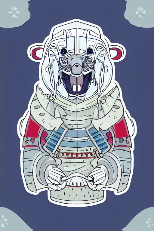 Prompt: Portrait of a polar bear as a samurai, knight, medieval, sticker, colorful, illustration, highly detailed, simple, smooth and clean vector curves, no jagged lines, vector art, smooth