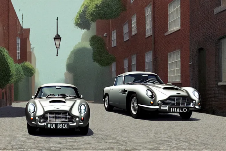 Prompt: a wholesome animation key shot of one focused short shrunk aston martin db 5, in a rich london mews residential street, waist height, medium range, studio ghibli, ( pixar ) and disney animation, sharp, very detailed, unreal engine 5 render, bloom, high resolution, anime key art by greg rutkowski