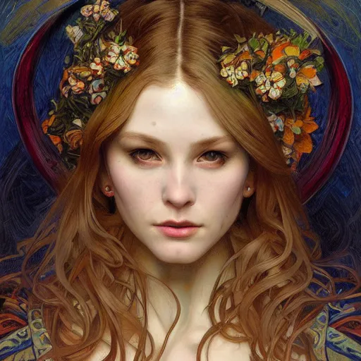 Image similar to a painting in the style of donato giancola, and in the style of ross tran, and in the style of alphonse mucha. smooth, sharp focus, semi - realism, symmetry.