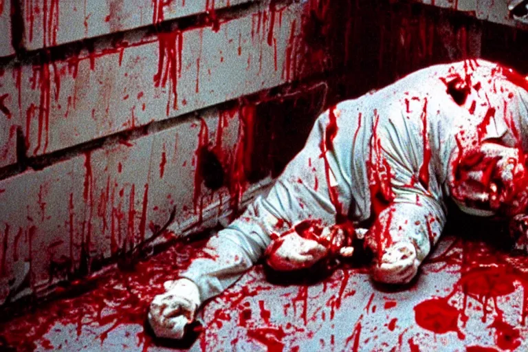 Image similar to filmic wide shot angle movie still 35mm film color photograph of a decapitated doctor with blood spewing from his neck and splattered blood all over the walls in a science lab in the style of a 1982 horror film