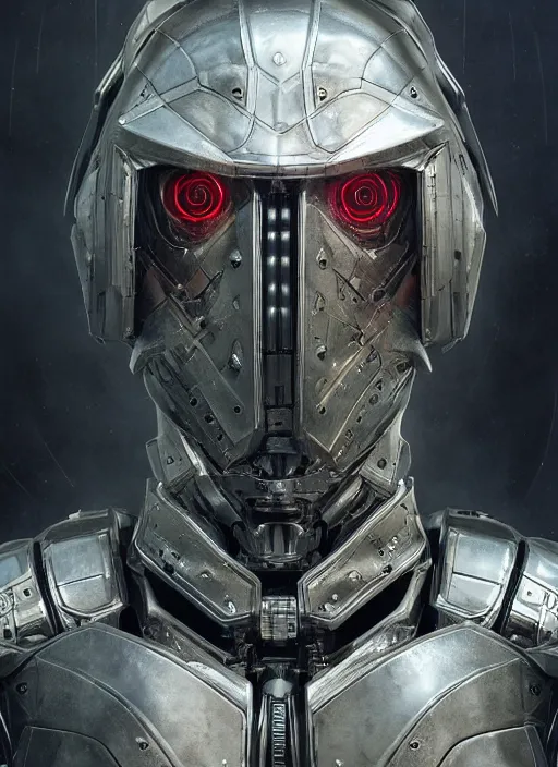 Image similar to portrait of a futuristic silver armored knight district 9 cyborg, in the style of annihilation with eyes made from fusion reactors, modern fine art, fractal, intricate, elegant, highly detailed, digital photography, subsurface scattering, by jheronimus bosch and greg rutkowski,